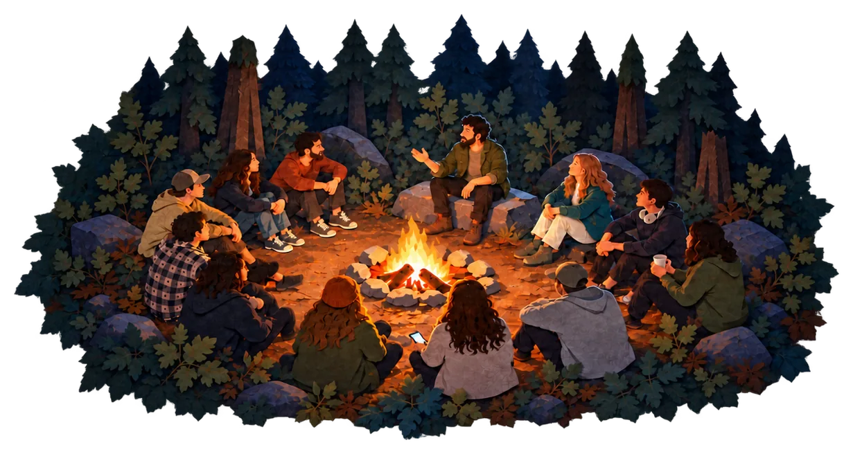 People gathered around a campfire at night listening to a storyteller, the way a streamer gathers a community